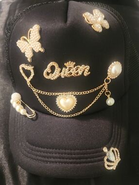 Trucker Hat with Gold Queen & Pearl Accents